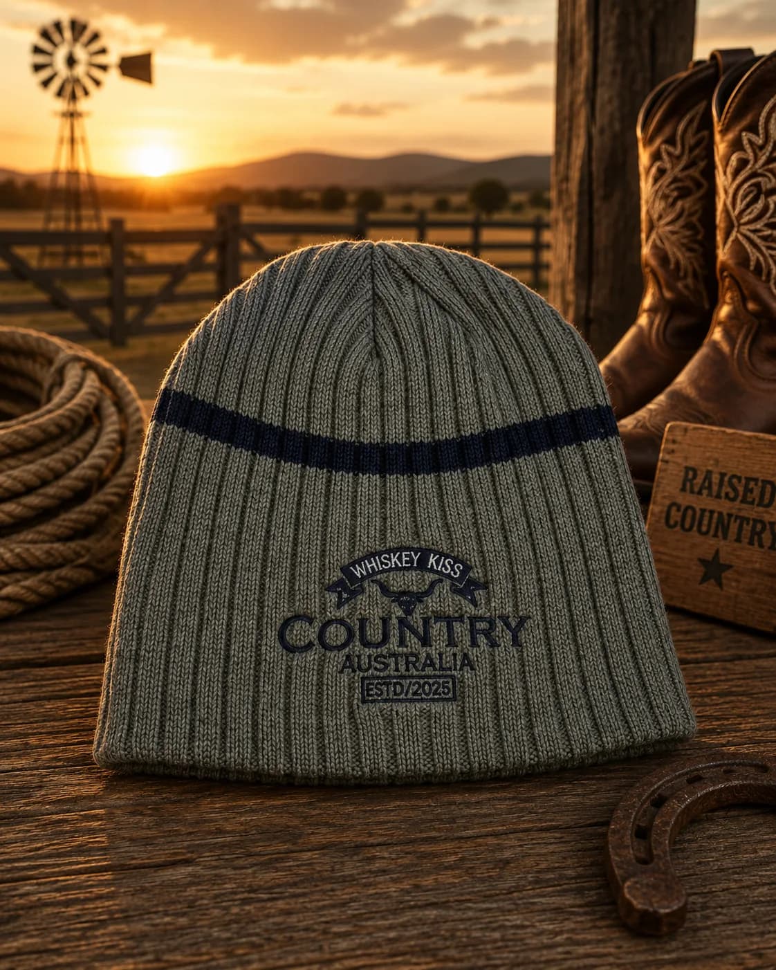 The grey Country Australia beanie on a timber table at sunset