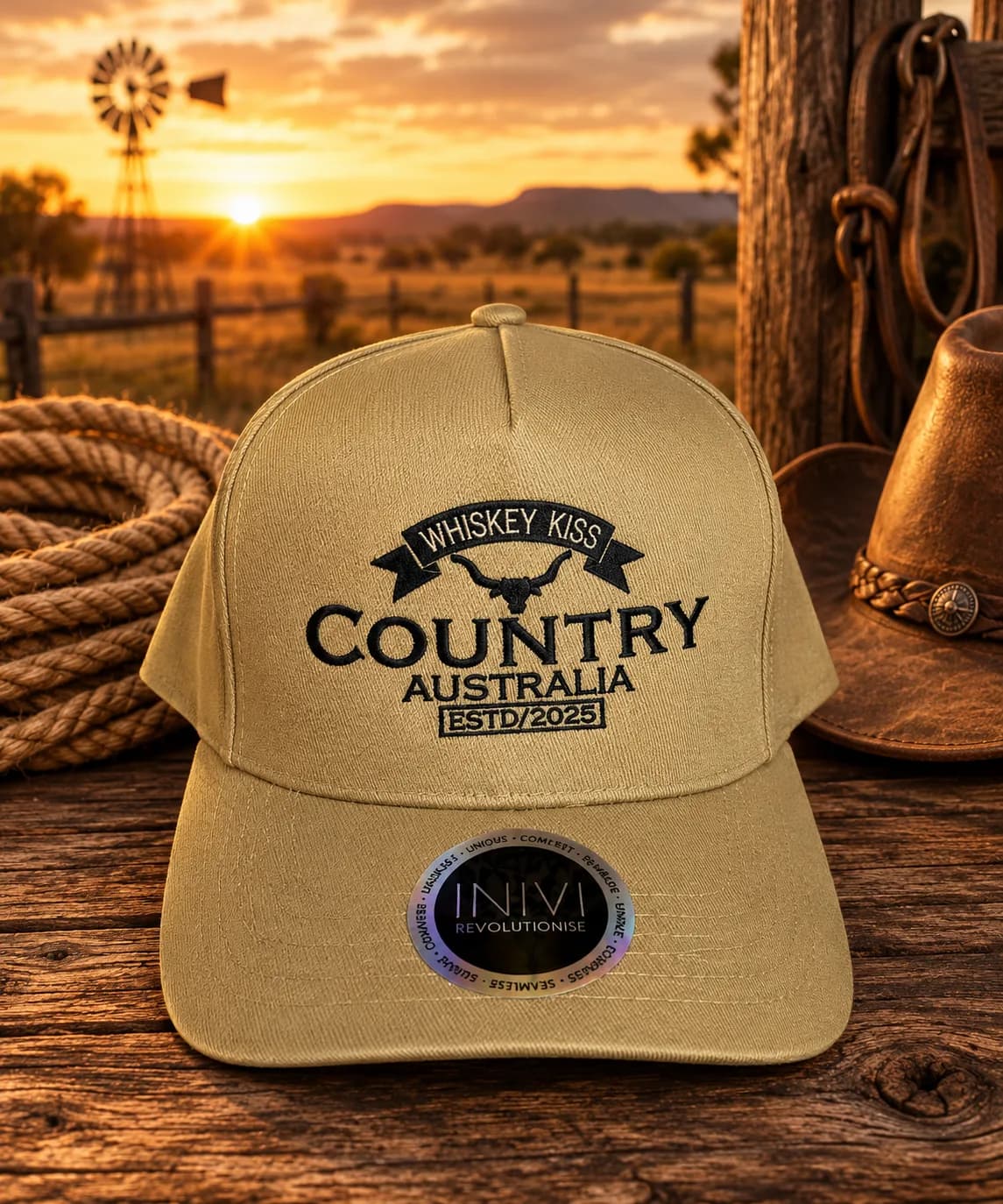 The khaki Country Australia cap on a timber table at sunset
