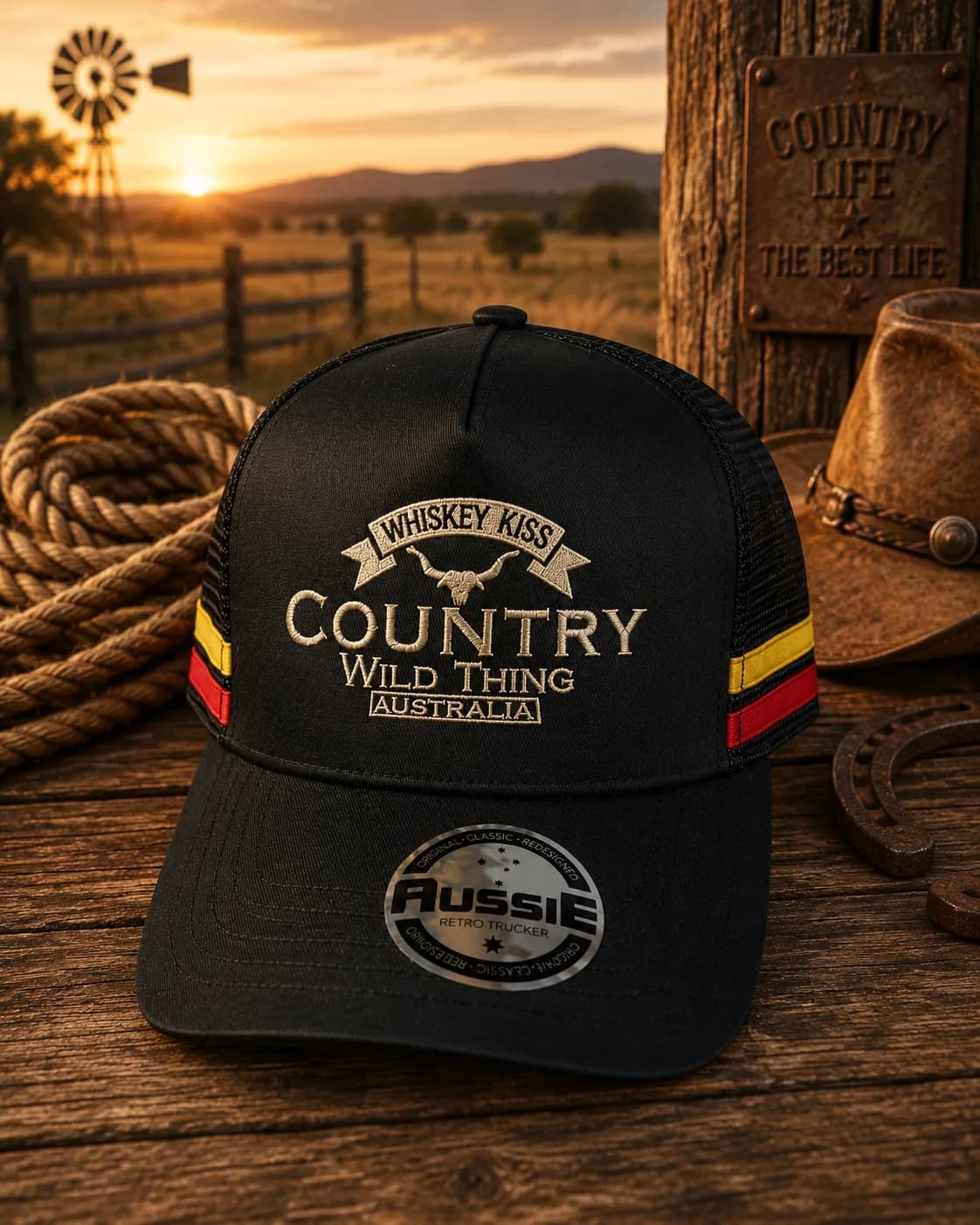 The black Country Wild Thing trucker cap with red and yellow stripes, on a timber table at sunset