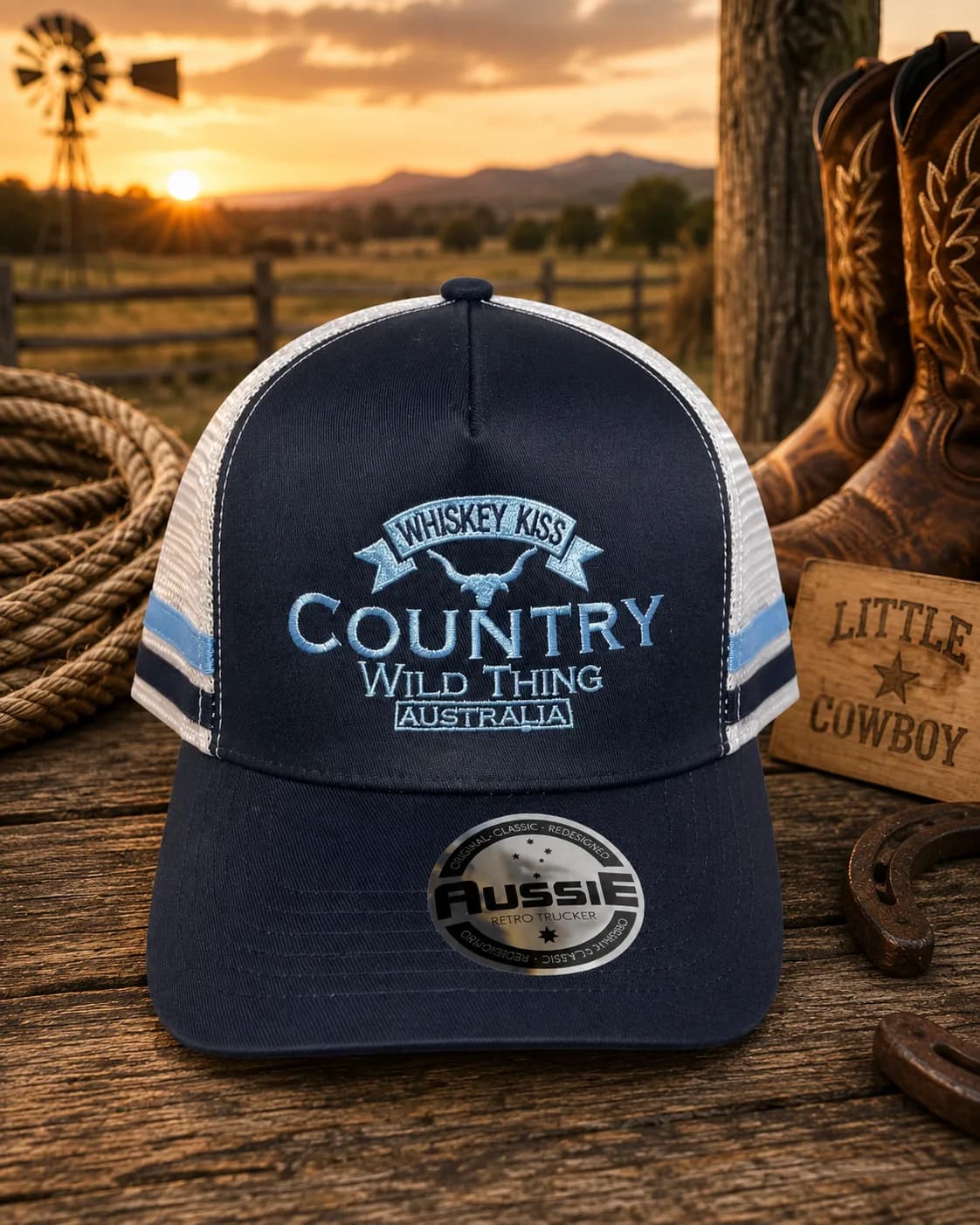 The navy kids Country Wild Thing trucker cap on a timber table at sunset