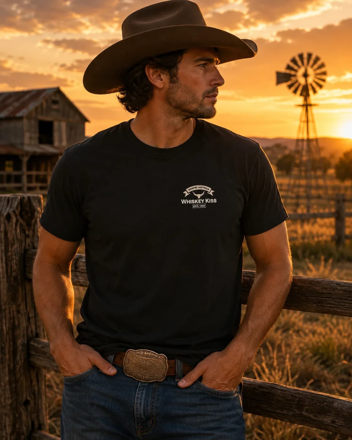 A man in a wide-brimmed hat wearing the black Whiskey Kiss tee, showing the small Country Australia print on the chest