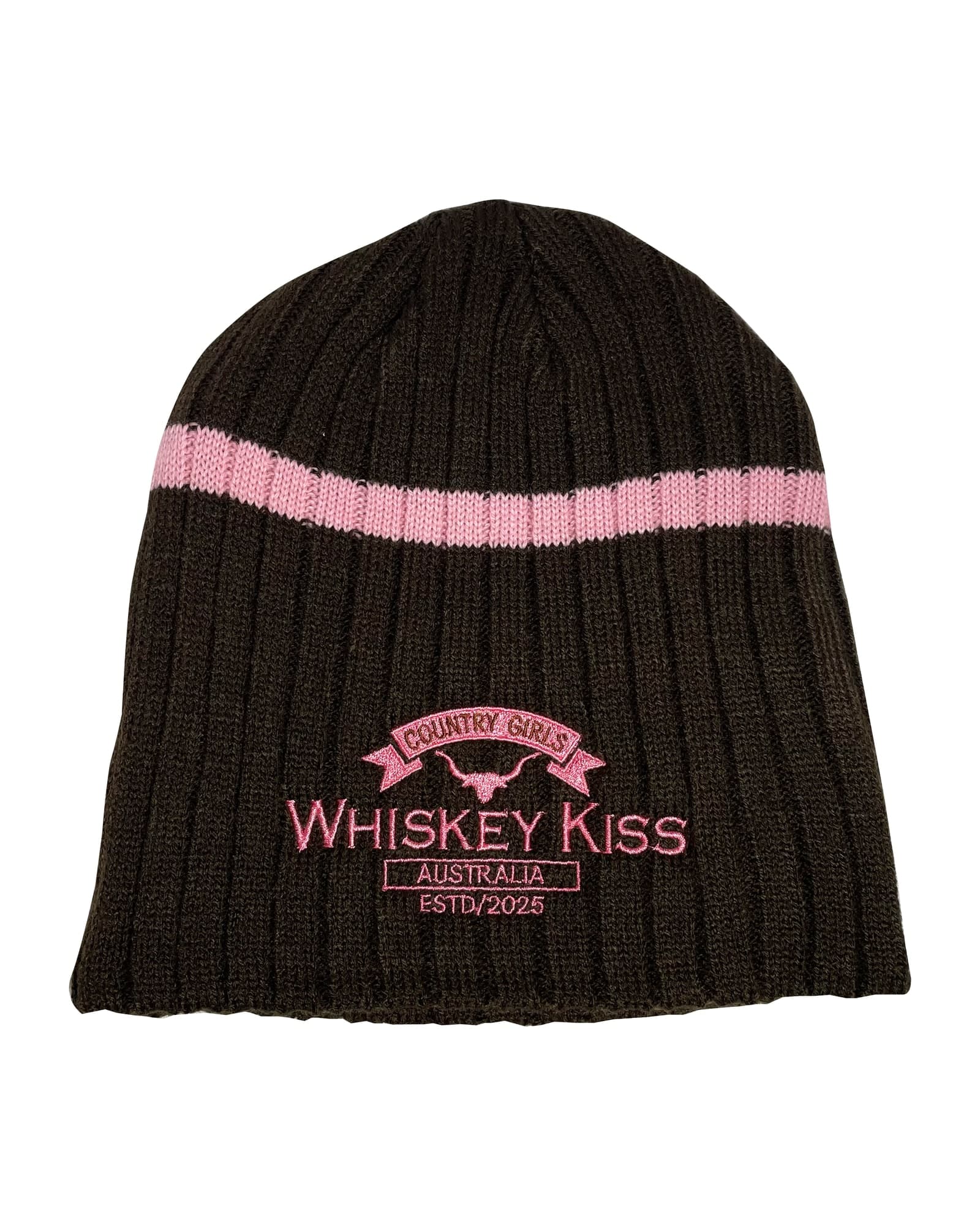 Ribbed beanie in chocolate brown with a pink stripe and pink embroidery