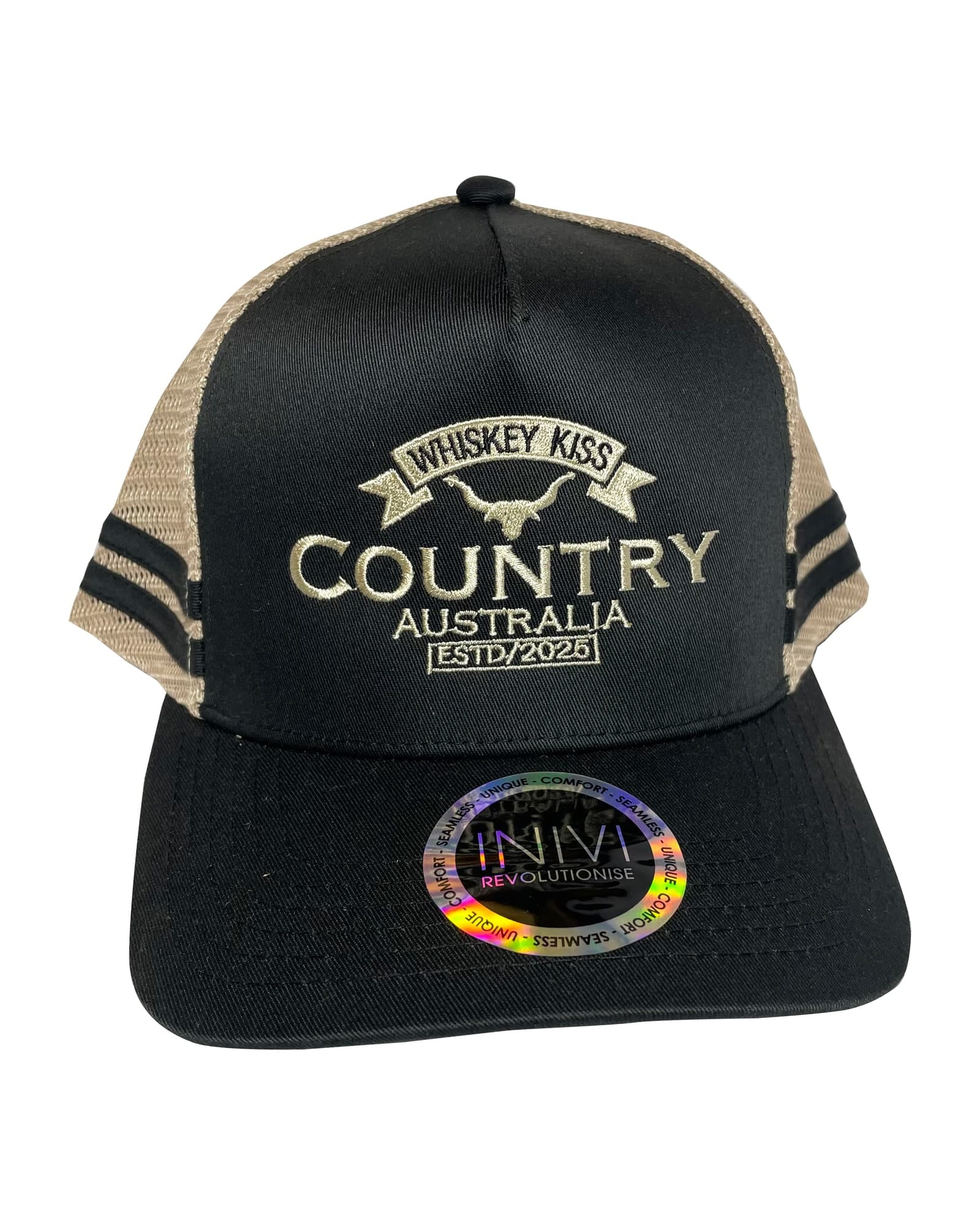 Country Australia trucker cap in black with tan mesh and tan embroidery