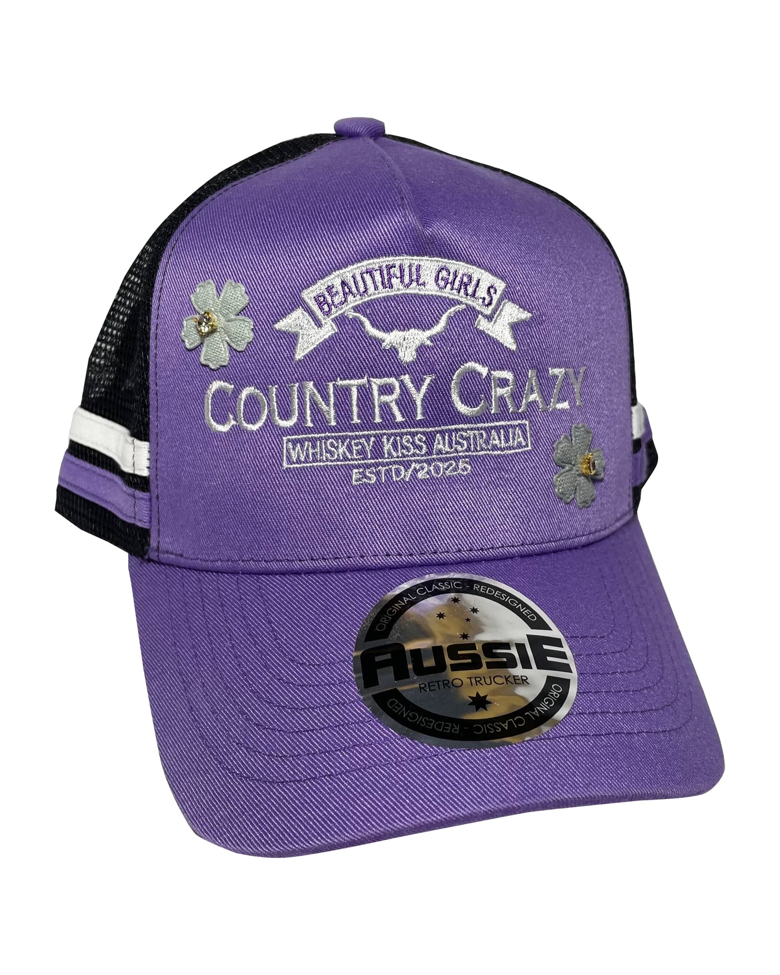 Country Crazy kids trucker cap in purple with black mesh and rhinestone floral appliqué