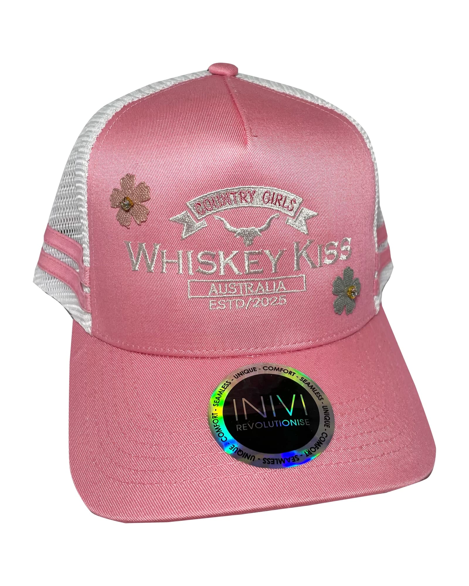 Country Girls trucker cap in pink and white with floral appliqué and white embroidery