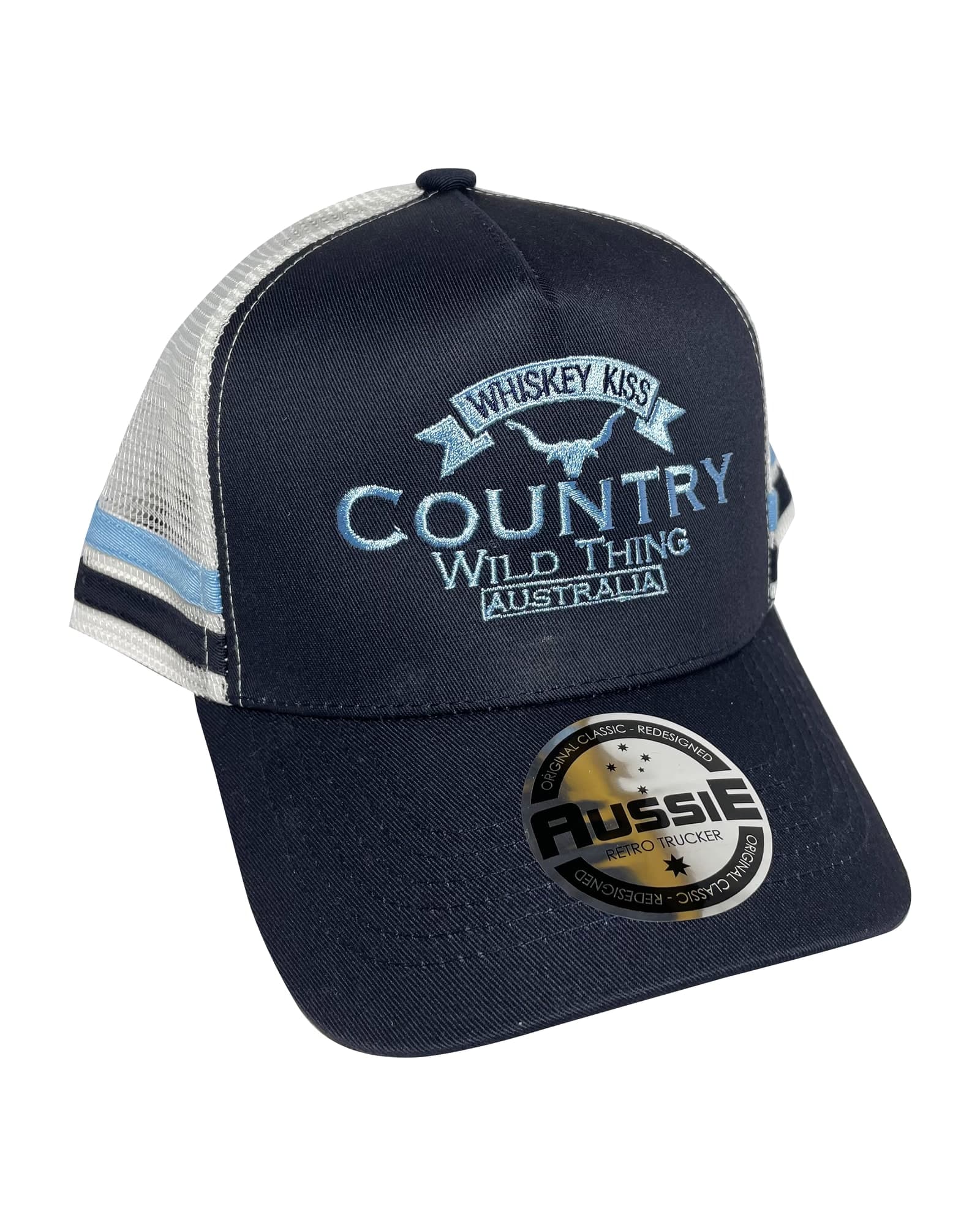 Country Wild Thing kids trucker cap in navy with white mesh and blue embroidery